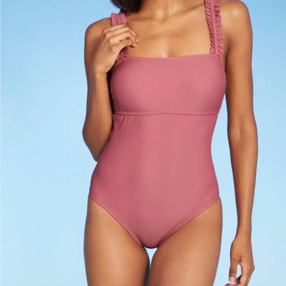 Kona Sol Rose Pink Ruffle Strap One Piece Swim Bathing Suit Sz XL EUC